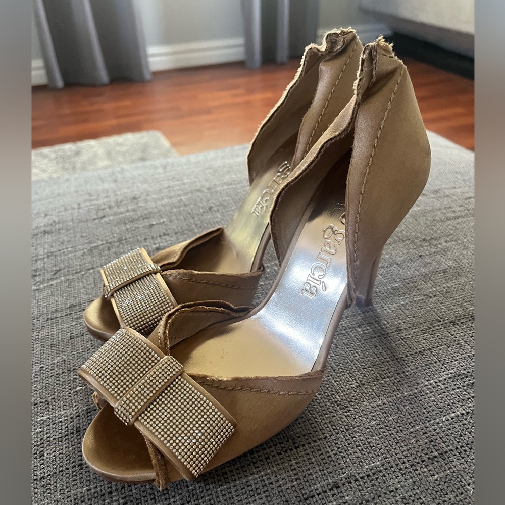 Pedro Garcia Swarovski Bow Gold Satin Open Toe Heels